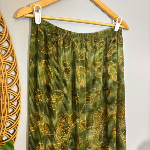 Vtg Fairycore Maxi Skirt Olive Gold Leaf Print Flowy Crinkle Whimsy Dark Autumn - Picture 2 of 8
